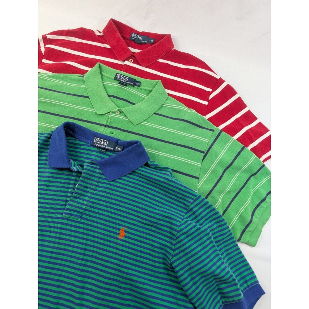 3) Three Vintage Polo Ralph Lauren Striped Polo Shirts Men's XXL Muscle Cuff Lot